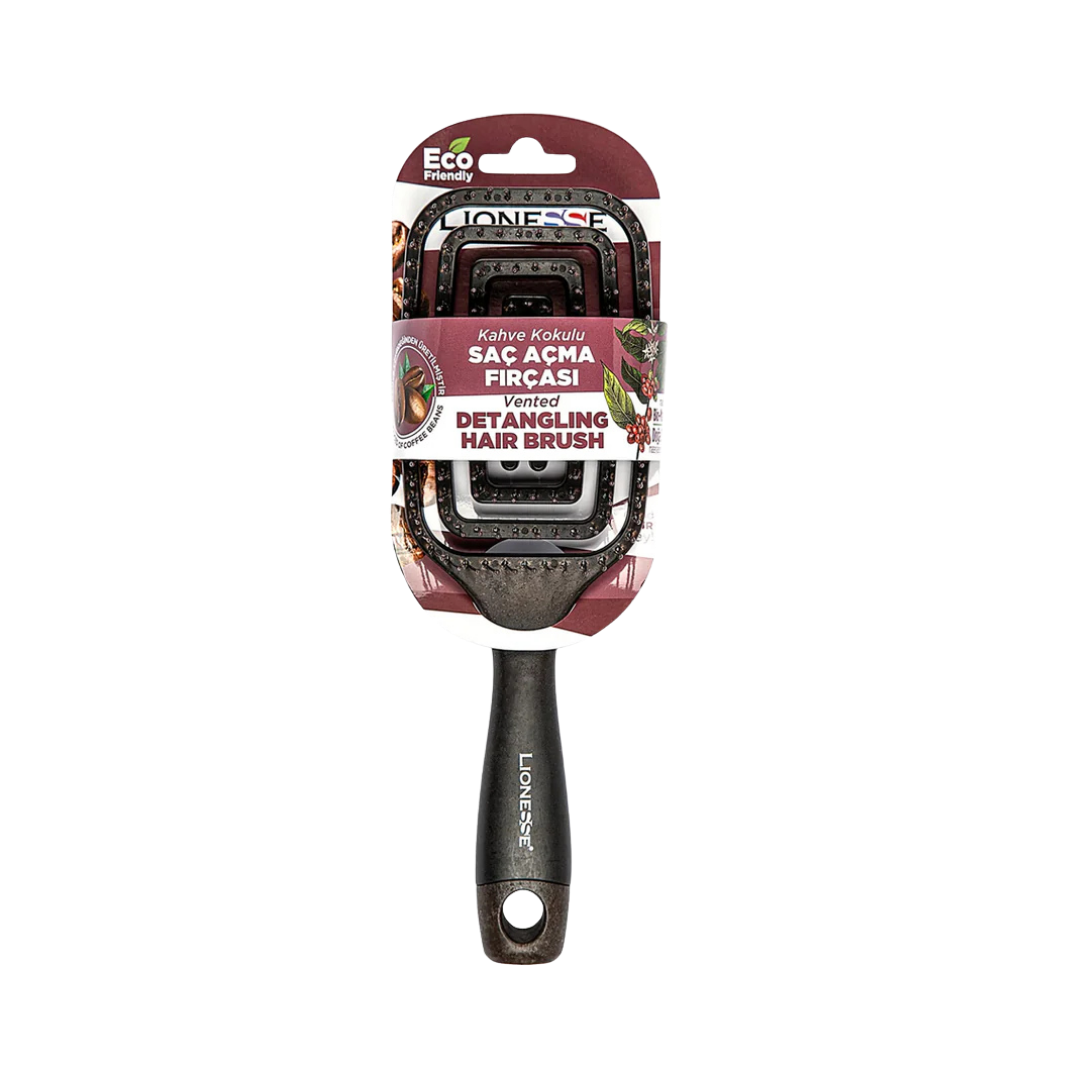 Lionesse vented detangling hair brush, black handle, rectangular head, coffee scented, retail blister packaging