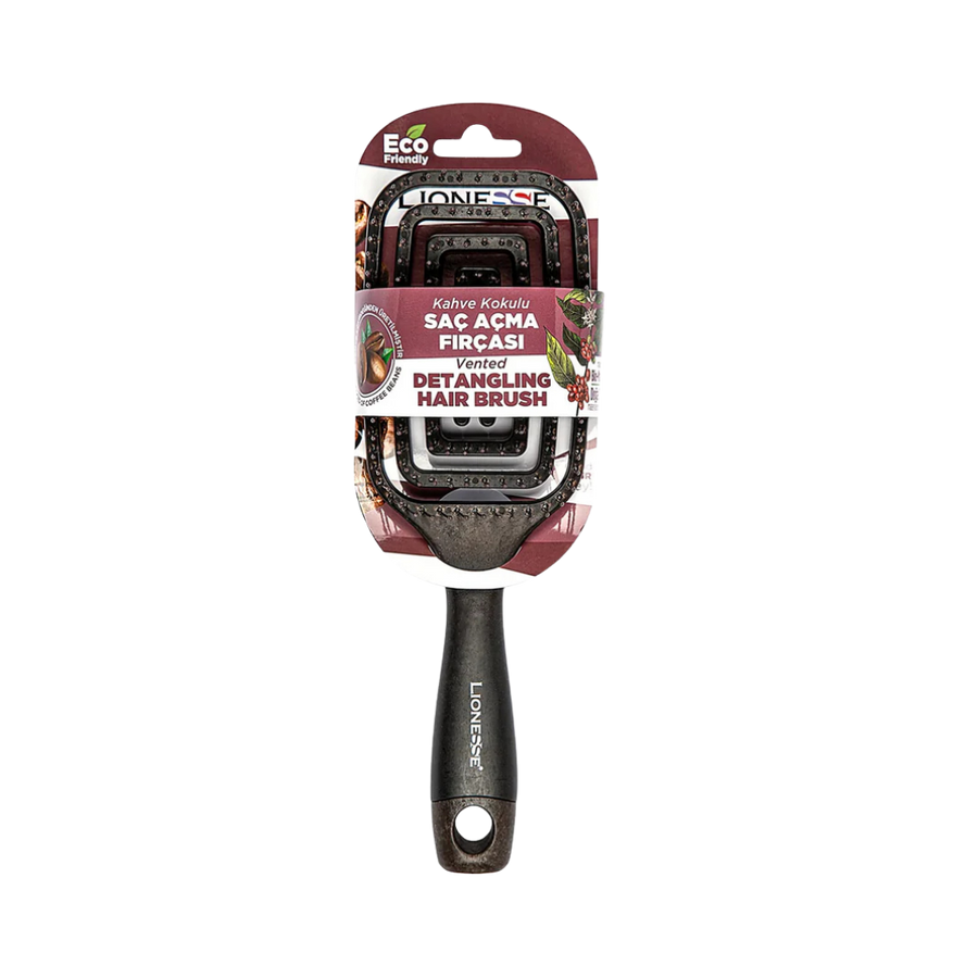 Lionesse vented detangling hair brush, black handle, rectangular head, coffee scented, retail blister packaging