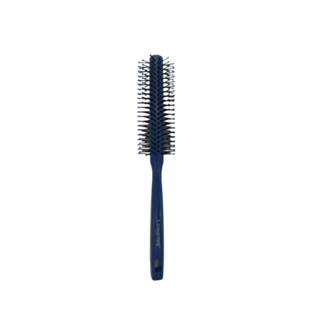 Lionesse blue round hair brush with bristle design and ergonomic handle packaging