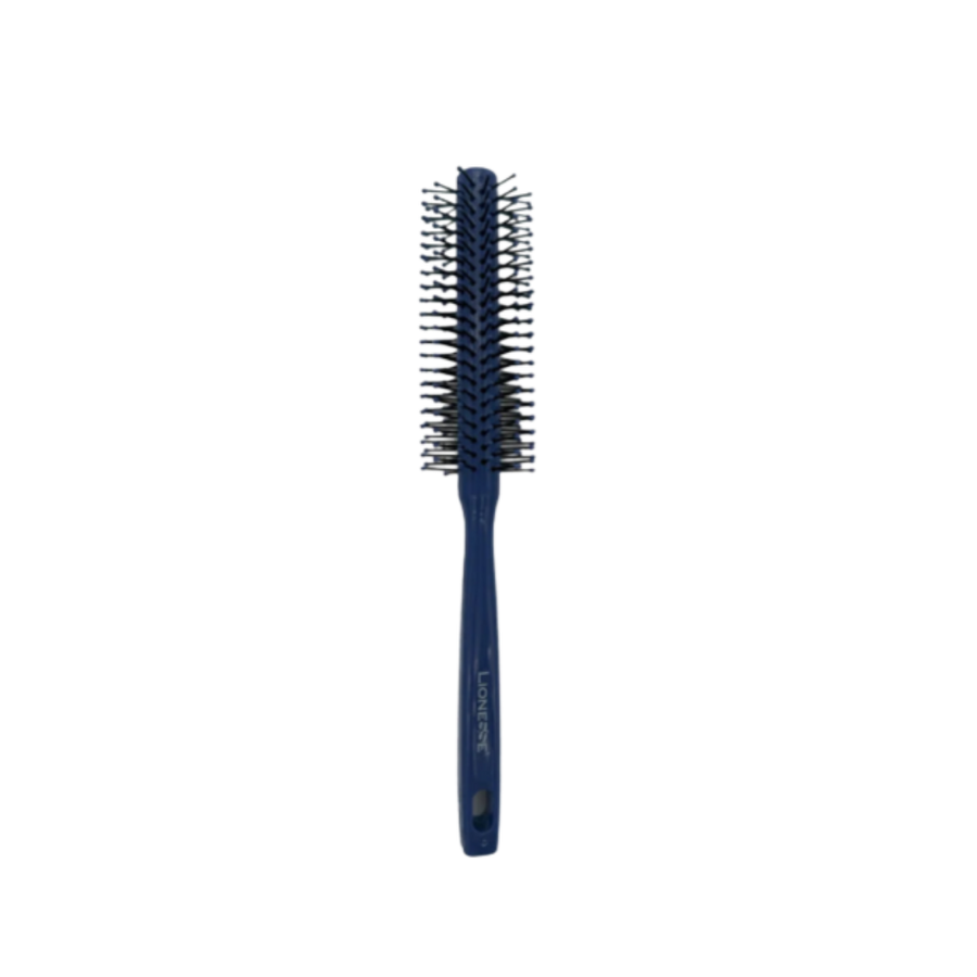 Lionesse blue round hair brush with bristle design and ergonomic handle packaging