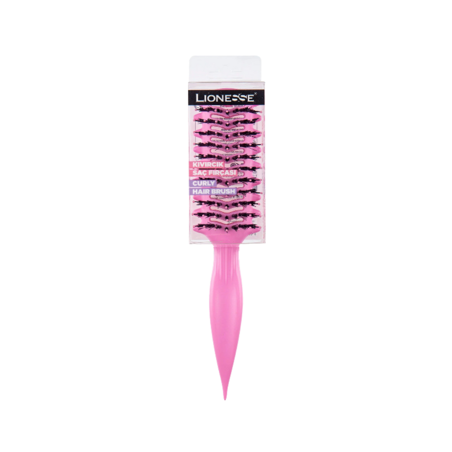 This image displays a pink curly hairbrush from the brand Lionesse. The brush has wide-set bristles designed specifically for detangling and defining curly hair without causing frizz. It features a long, pointed handle for easy control while styling.