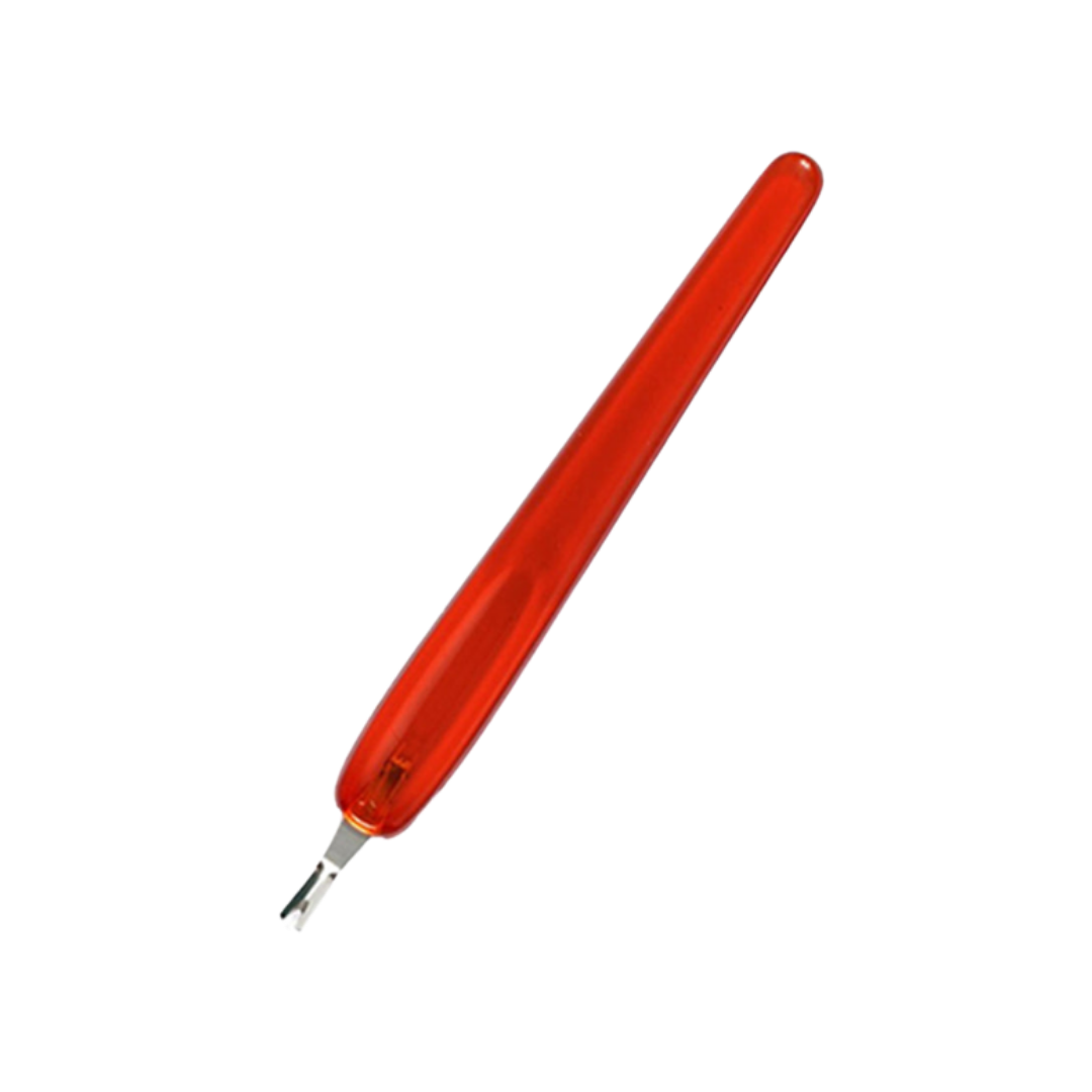 Red cuticle pusher and trimmer tool with V-shaped metal tip and translucent handle.