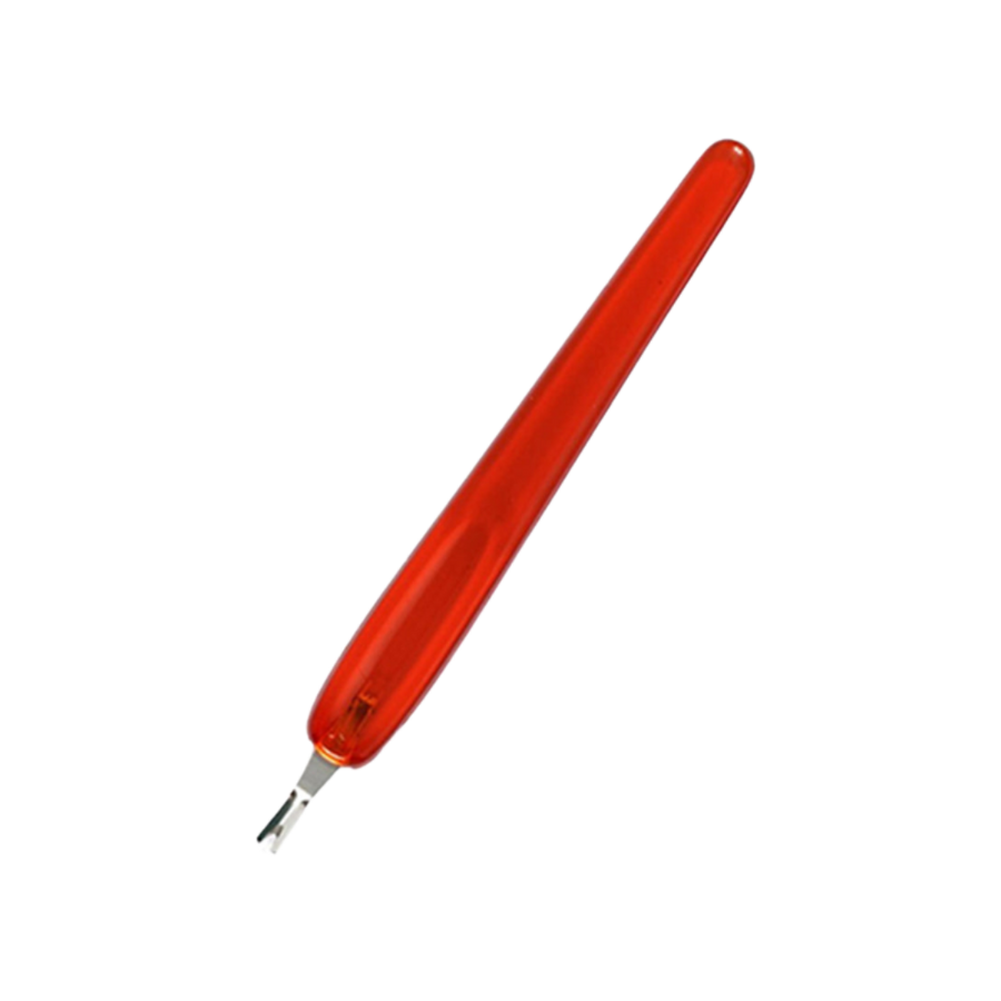 Red cuticle pusher and trimmer tool with V-shaped metal tip and translucent handle.