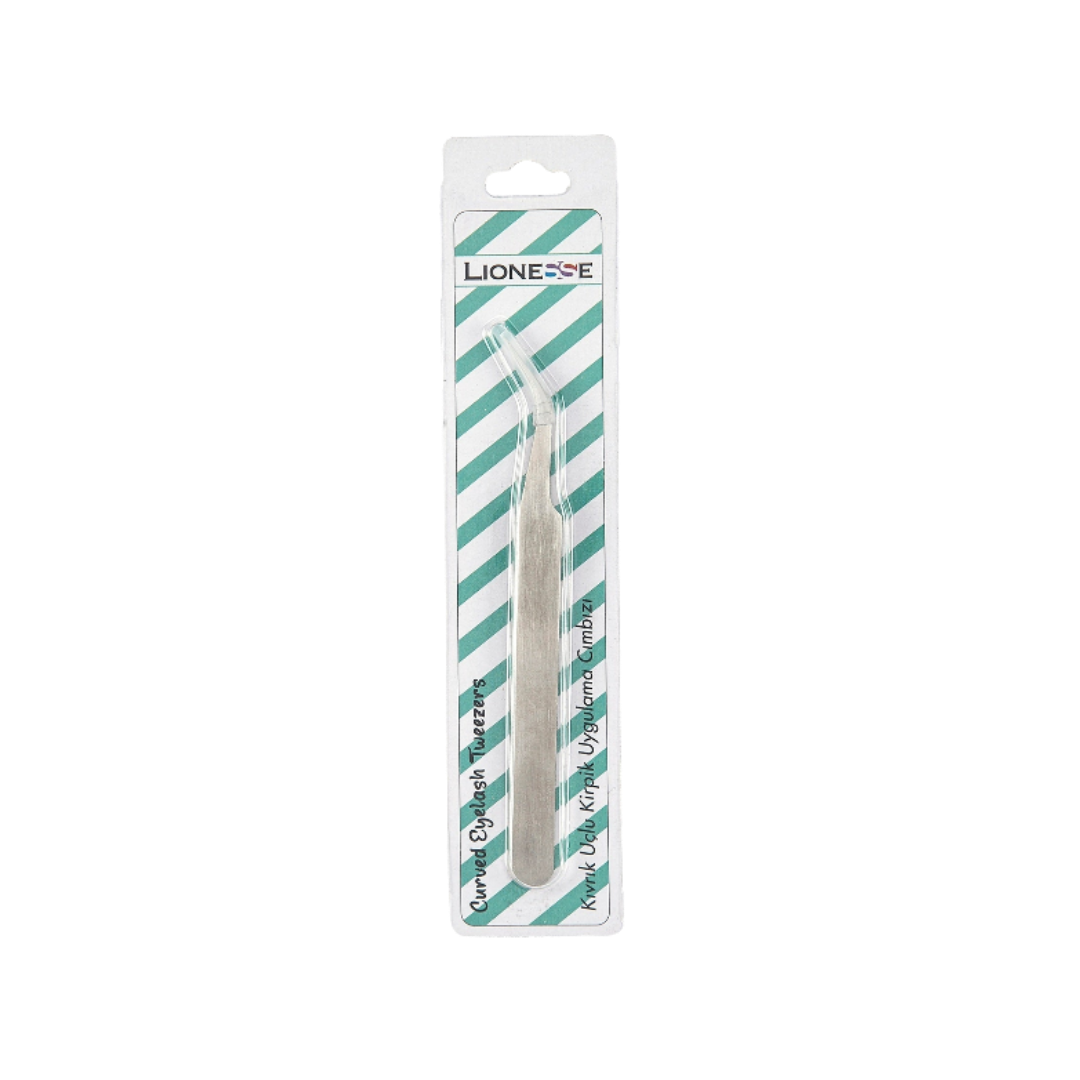 "Lionesse Curved Eyelash Tweezers, silver tweezer with curved tip, in striped green and white packaging."