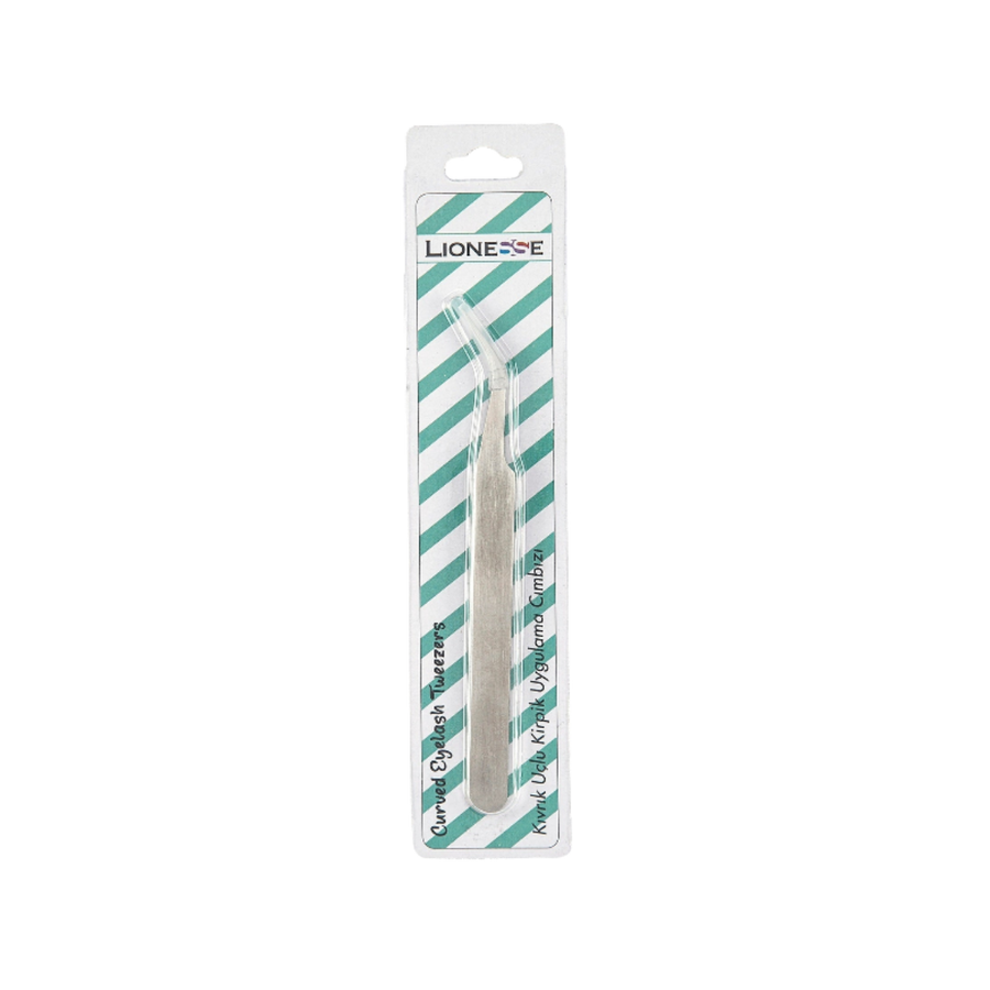 "Lionesse Curved Eyelash Tweezers, silver tweezer with curved tip, in striped green and white packaging."