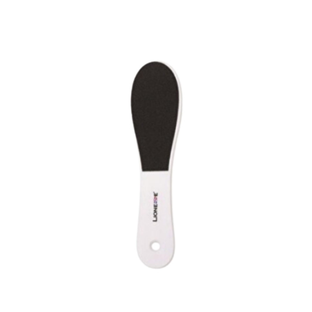 The image shows a foot file from the brand Lionesse. It has a black abrasive surface for exfoliating rough skin and calluses on the feet, and a white handle for easy grip. The design is simple and functional for smoothing the feet.