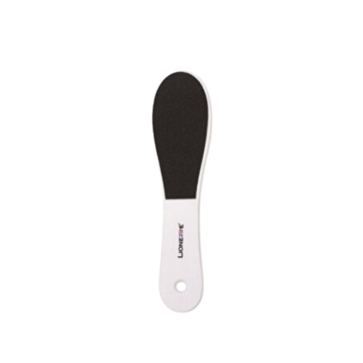The image shows a foot file from the brand Lionesse. It has a black abrasive surface for exfoliating rough skin and calluses on the feet, and a white handle for easy grip. The design is simple and functional for smoothing the feet.