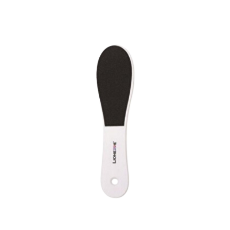The image shows a foot file from the brand Lionesse. It has a black abrasive surface for exfoliating rough skin and calluses on the feet, and a white handle for easy grip. The design is simple and functional for smoothing the feet.