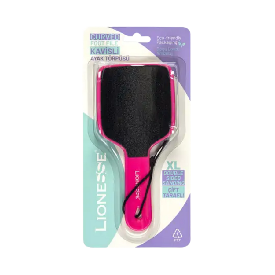Lioness Curved Foot File, XL size, double-sided sanding, pink handle, eco-friendly packaging.
