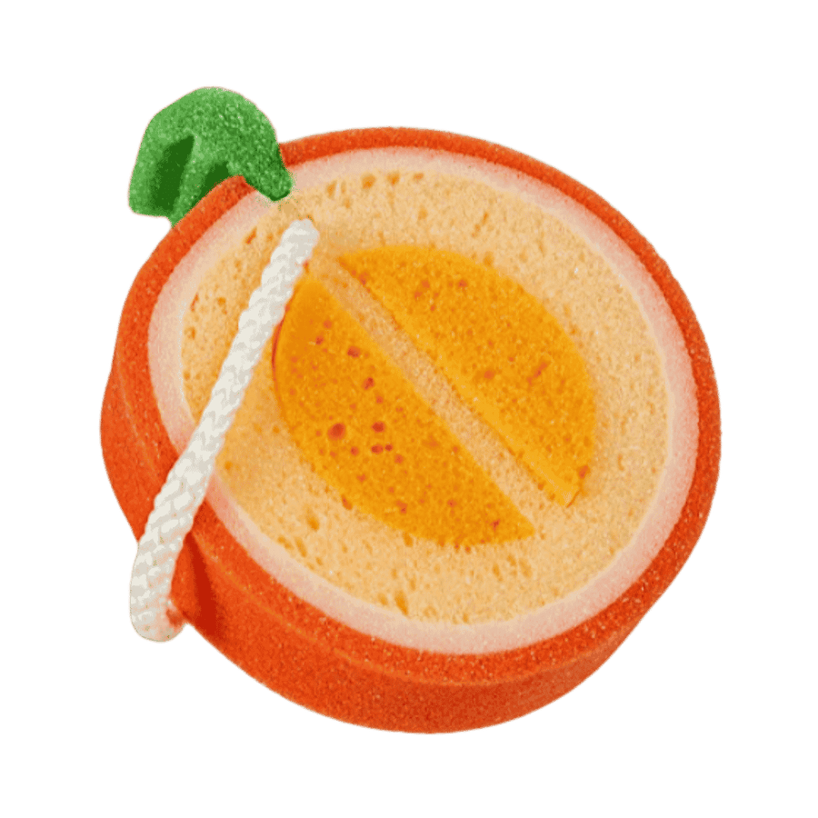 Tarko Lionesse Fruit Bath Sponge orange fruit shaped body sponge with hanging loop.