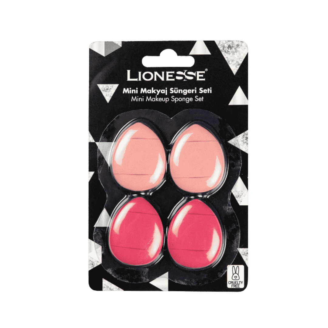 Lionesse Mini Makeup Sponge Set 4 pieces pink teardrop makeup sponges in black packaging.