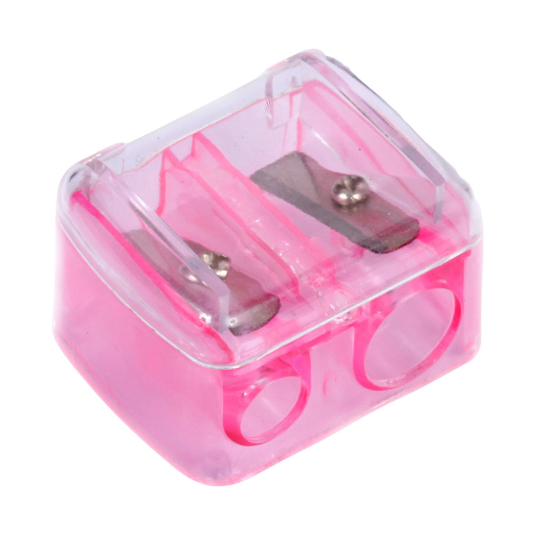 Tarko makeup sharpener, pink, dual hole design, clear plastic body, compact size for pencils of different diameters.