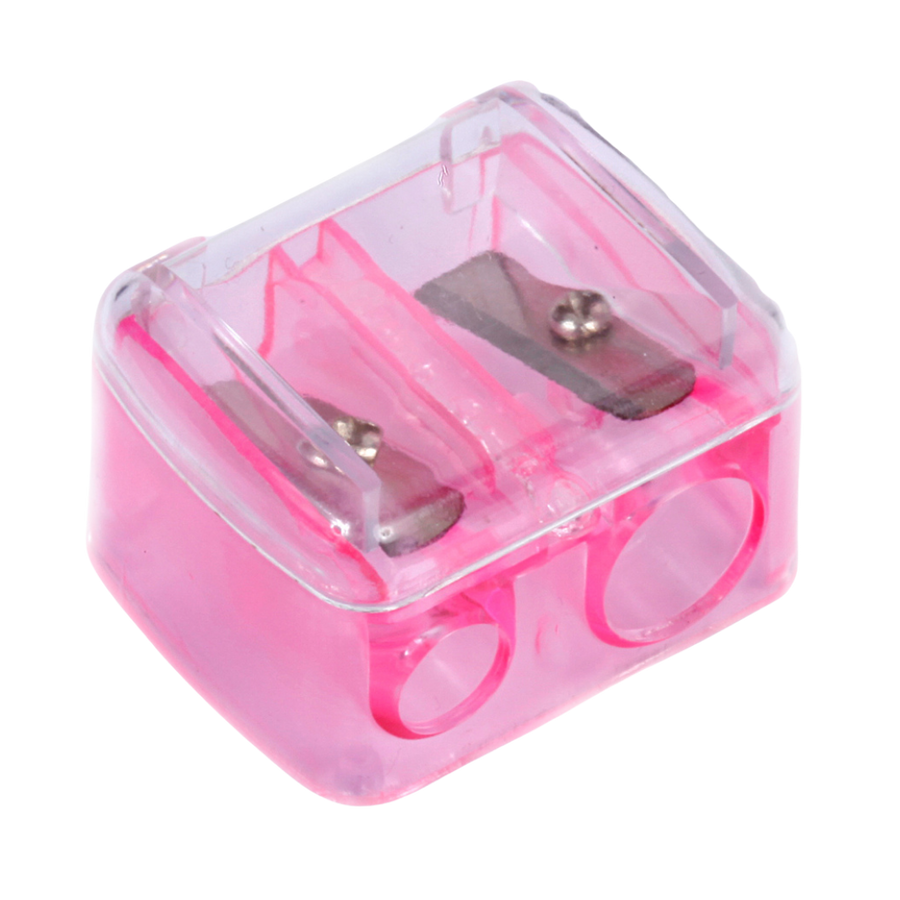 Tarko makeup sharpener, pink, dual hole design, clear plastic body, compact size for pencils of different diameters.