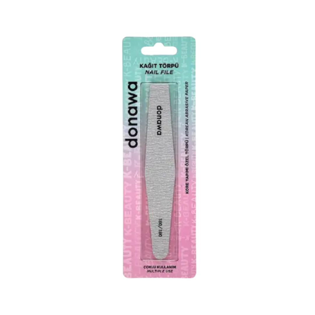 The image shows a nail file branded "donawa." It is a Korean-made abrasive paper nail file designed for multiple uses. The packaging highlights the file's grit (180/180) and its use for manicures and pedicures.