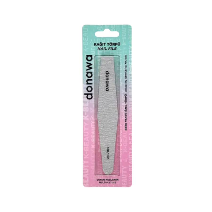 The image shows a nail file branded "donawa." It is a Korean-made abrasive paper nail file designed for multiple uses. The packaging highlights the file's grit (180/180) and its use for manicures and pedicures.