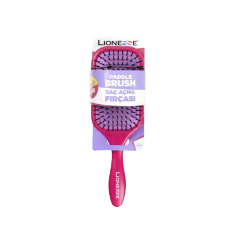 The image shows a "Paddle Brush" from the brand Lionesse. The brush is designed for detangling hair, with a wide head and soft bristles. The packaging includes the product name, "Paddle Brush," in both English and Turkish (Saç Açma Fırçası). The handle and bristles are pink and purple, respectively.