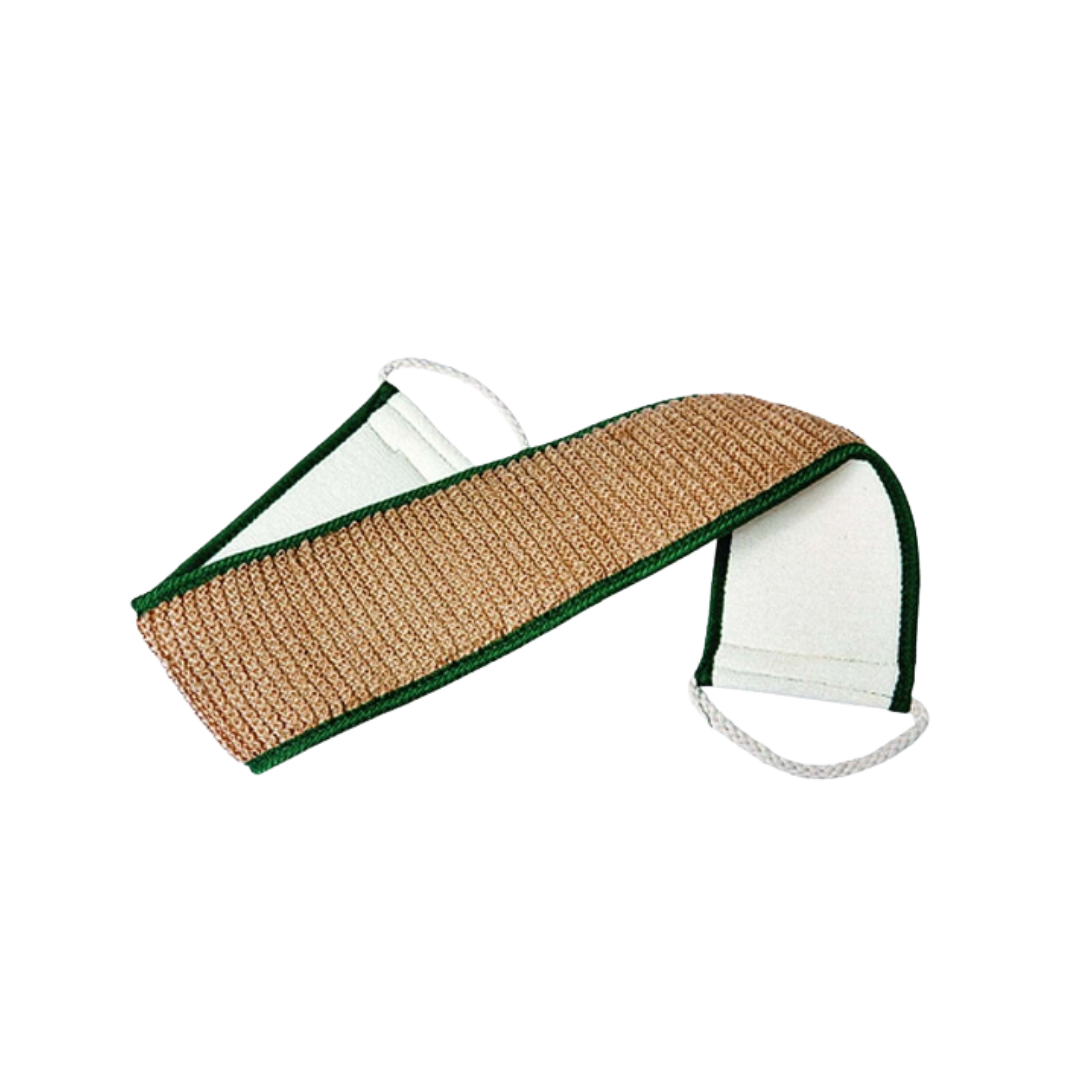 This appears to be an image of a body scrub strap, commonly used for exfoliating or cleansing the body, typically made with natural materials such as sisal or a similar woven texture, with adjustable loops at both ends.