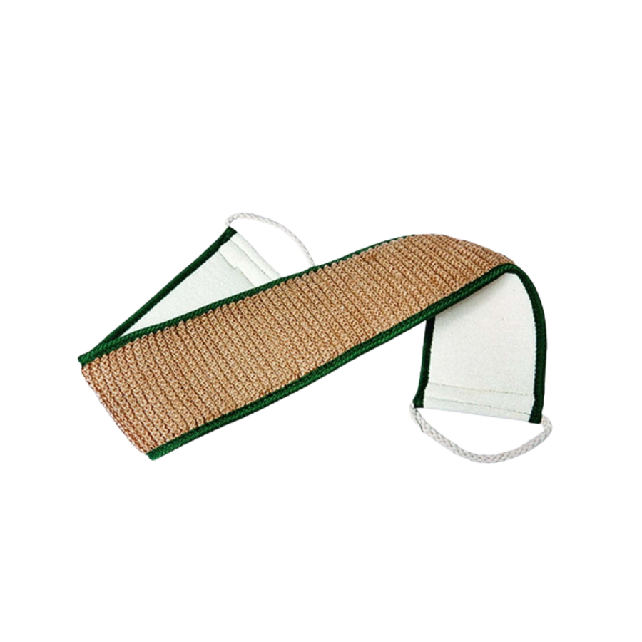 This appears to be an image of a body scrub strap, commonly used for exfoliating or cleansing the body, typically made with natural materials such as sisal or a similar woven texture, with adjustable loops at both ends.