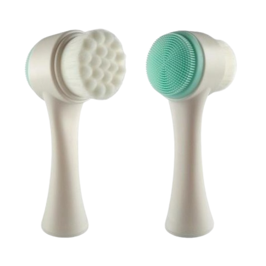Two-sided face cleaning brush, with soft bristles on one side and silicone bristles on the other, designed for facial care.