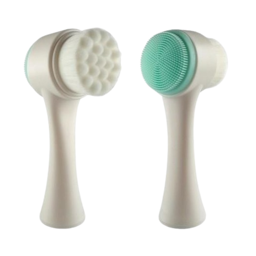 Two-sided face cleaning brush, with soft bristles on one side and silicone bristles on the other, designed for facial care.
