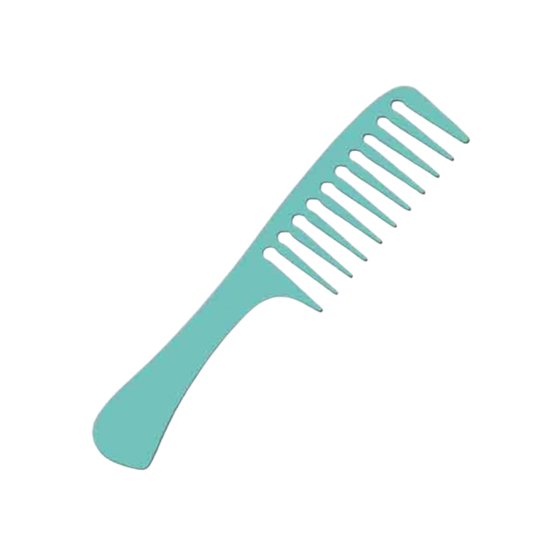 This image features a teal-colored wide-tooth comb, designed for gently detangling hair without causing breakage. It has evenly spaced teeth, which makes it suitable for both wet and dry hair, particularly for those with curly or thick hair. The comb also features a tapered handle for easy grip and control.