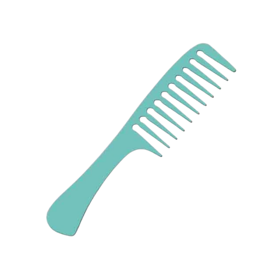 This image features a teal-colored wide-tooth comb, designed for gently detangling hair without causing breakage. It has evenly spaced teeth, which makes it suitable for both wet and dry hair, particularly for those with curly or thick hair. The comb also features a tapered handle for easy grip and control.