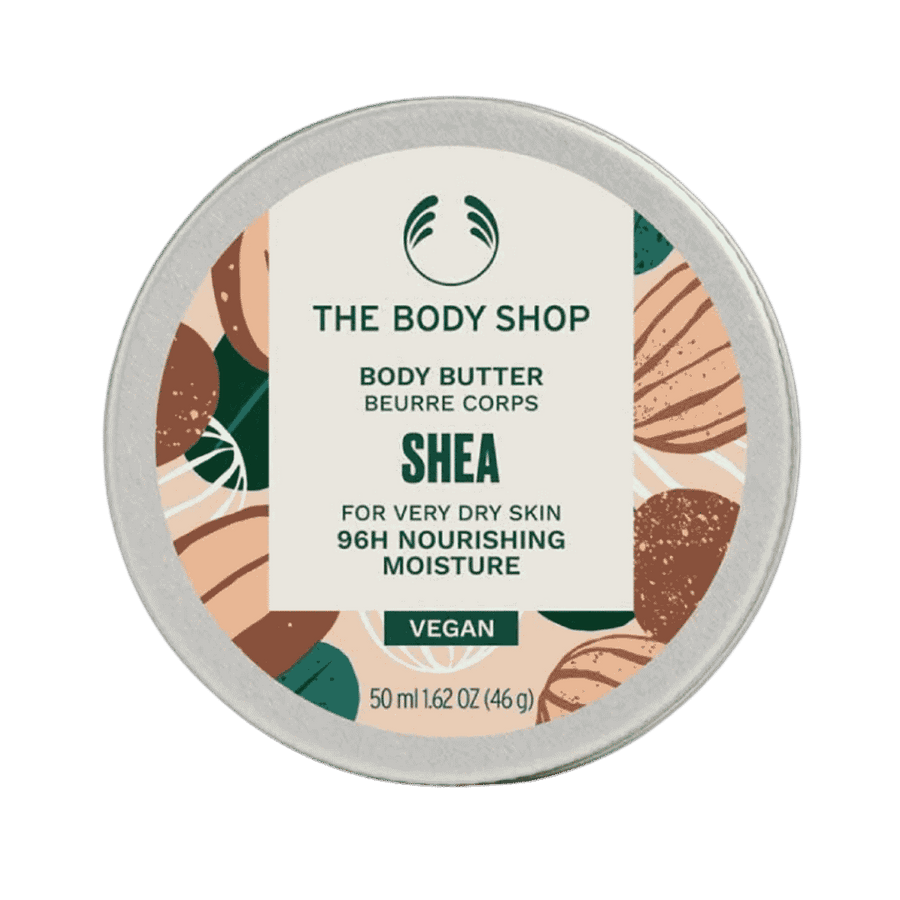 The Body Shop shea body butter 50ml metal tin with beige label and botanical pattern