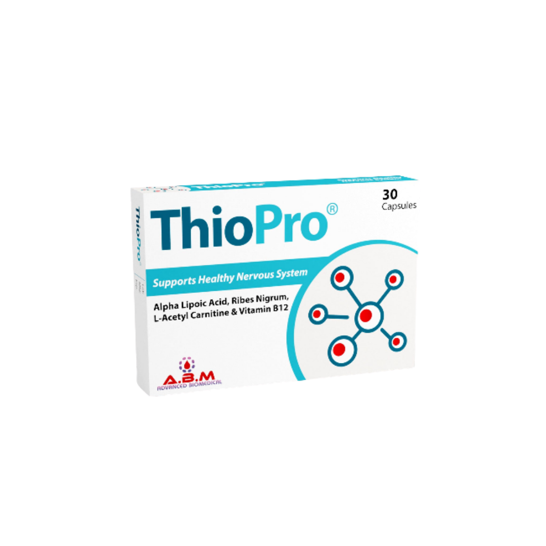 ThioPro, 30 capsules box, supports a healthy nervous system, formulated with alpha-lipoic acid, Ribes nigrum, L-acetylcarnitine, and vitamin B12.