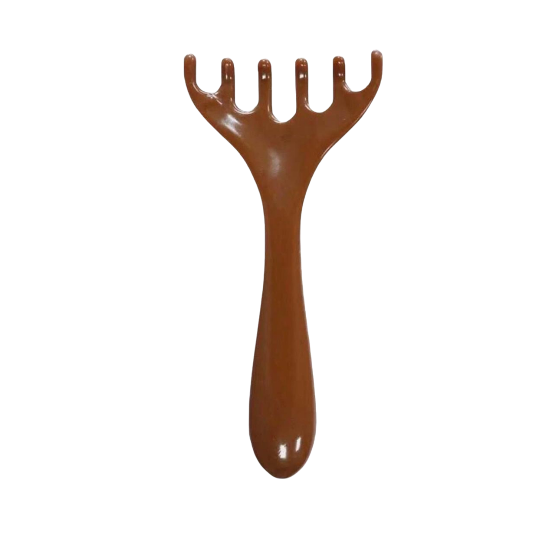 Wooden hair massage comb with five prongs, brown finish, handheld scalp massage tool