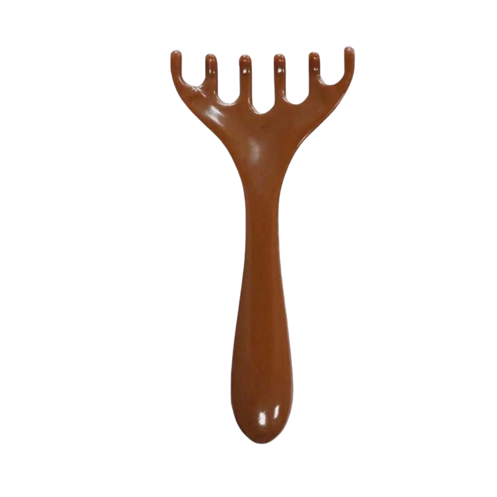 Wooden hair massage comb with five prongs, brown finish, handheld scalp massage tool