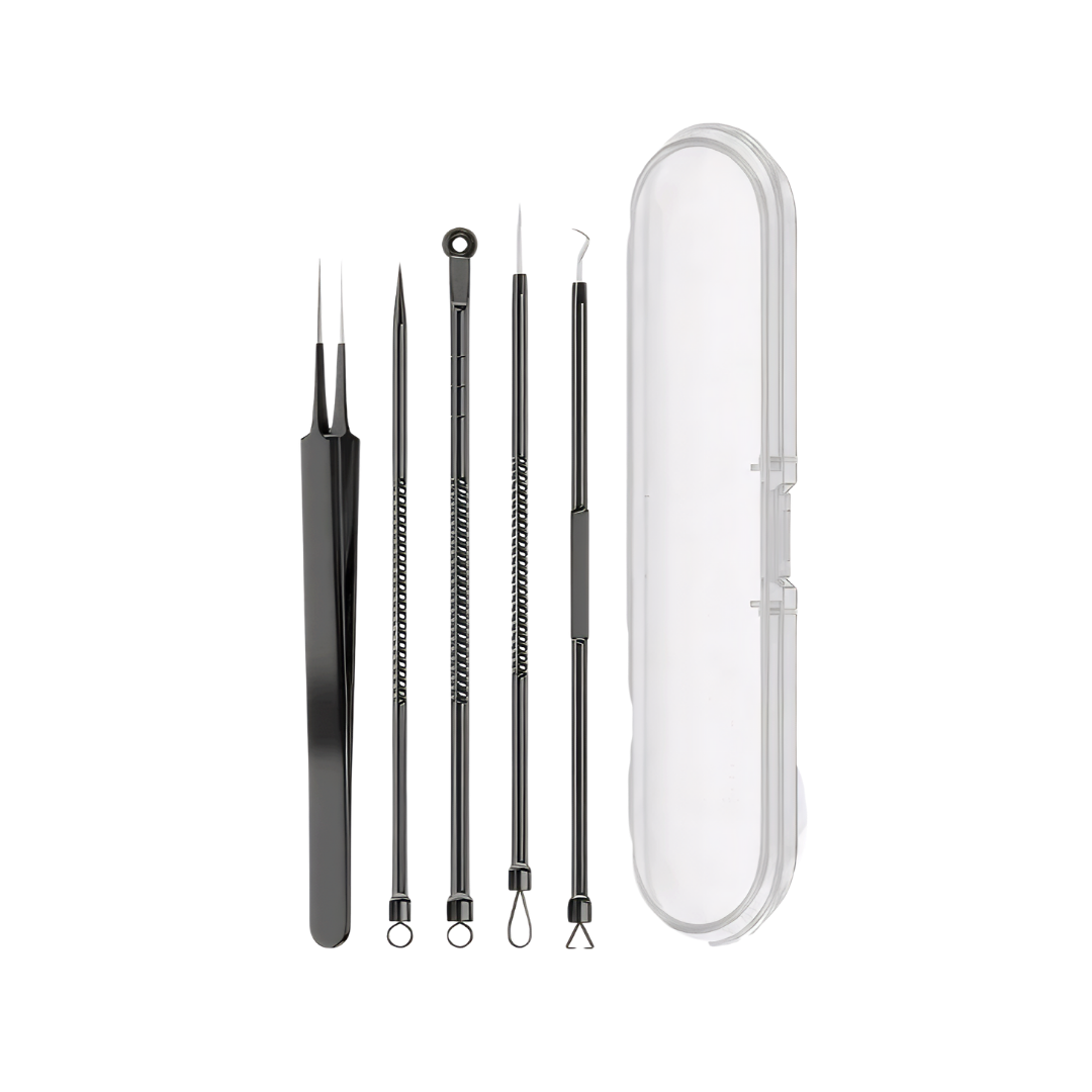5-piece blackhead remover set with tools including tweezers, loop extractor, and a pointed tool, stored in a transparent case.
