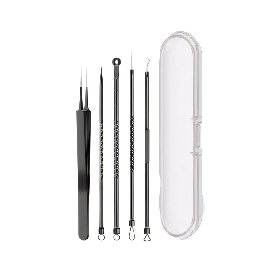 5-piece blackhead remover set with tools including tweezers, loop extractor, and a pointed tool, stored in a transparent case.
