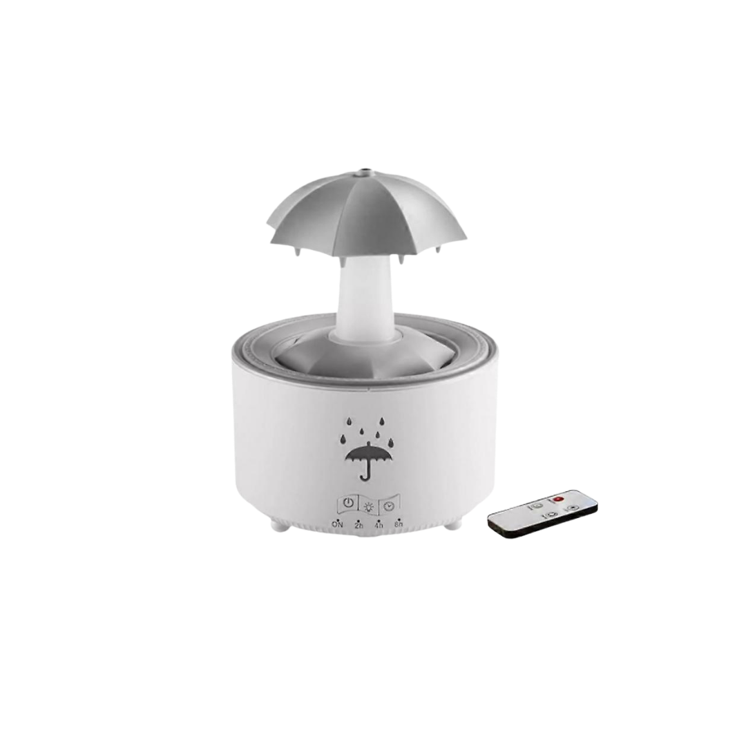 White umbrella-shaped ultrasonic humidifier with raindrop design, top umbrella diffuser, front control buttons, remote control included.