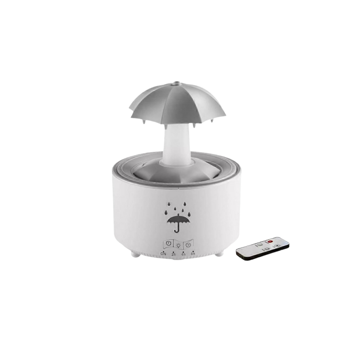 White umbrella-shaped ultrasonic humidifier with raindrop design, top umbrella diffuser, front control buttons, remote control included.