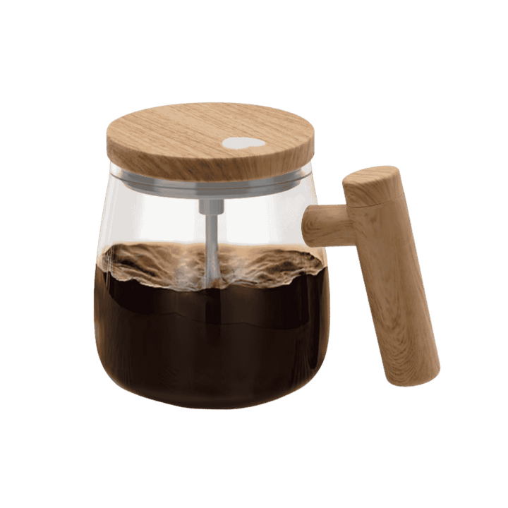 Glass self-stirring coffee mug with wooden-style lid, handle, pink button, and dark liquid