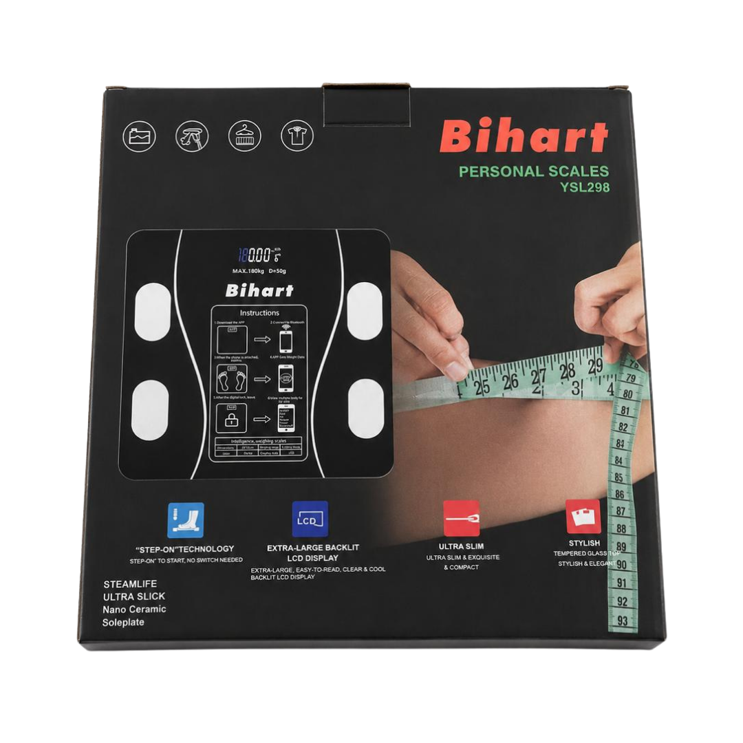 Bihart Personal Scales digital body scale black retail box with LCD and measuring tape graphic
