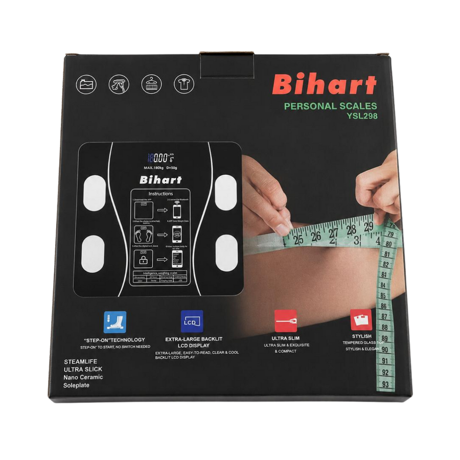 Bihart Personal Scales digital body scale black retail box with LCD and measuring tape graphic