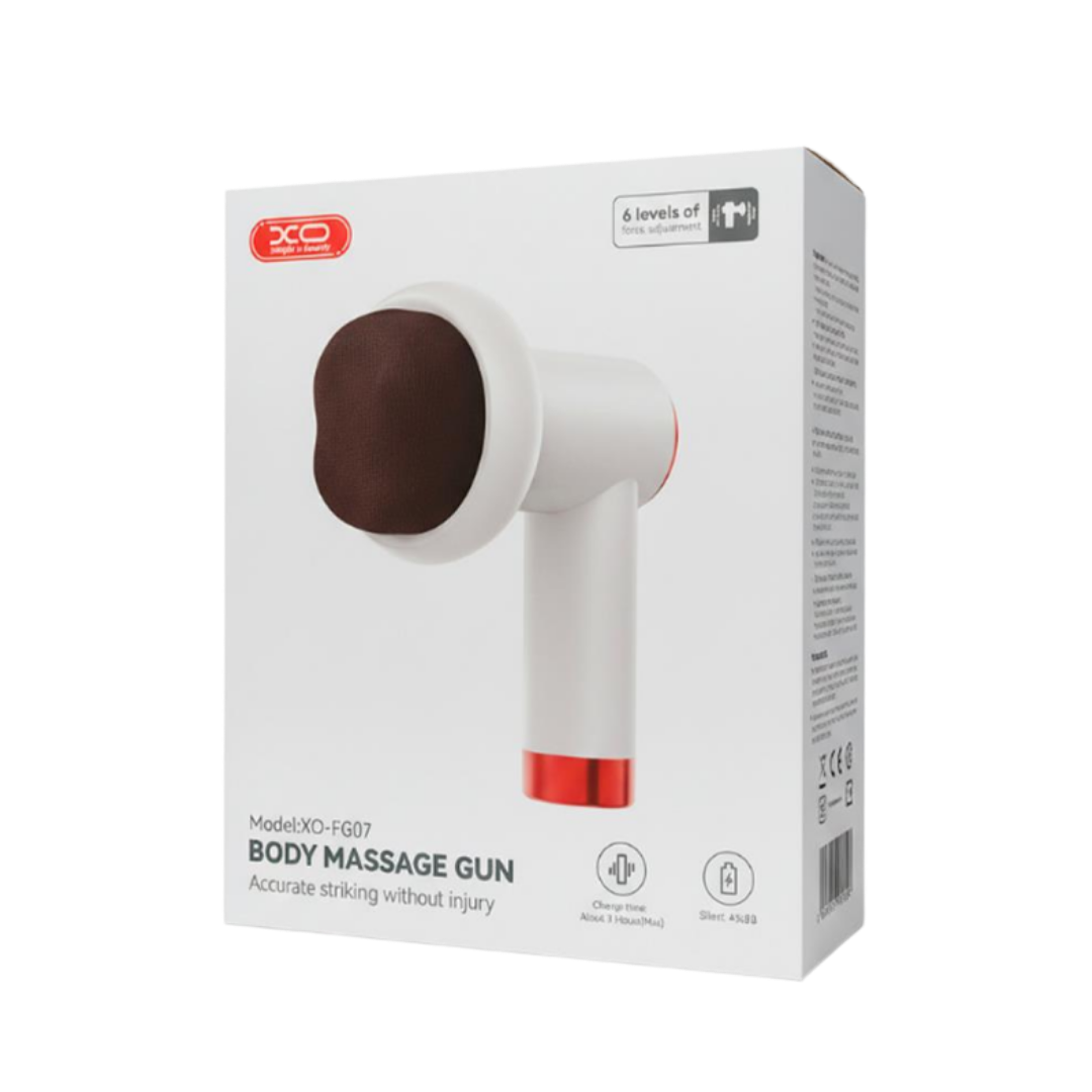 XO XO-FG07 body massage gun, white and red handheld device box with six levels adjustment.