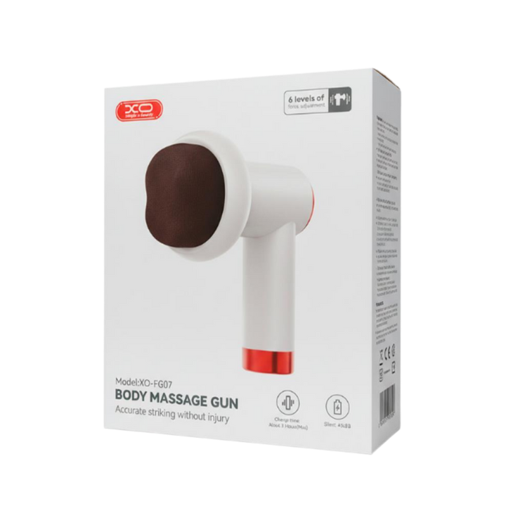 XO XO-FG07 body massage gun, white and red handheld device box with six levels adjustment.
