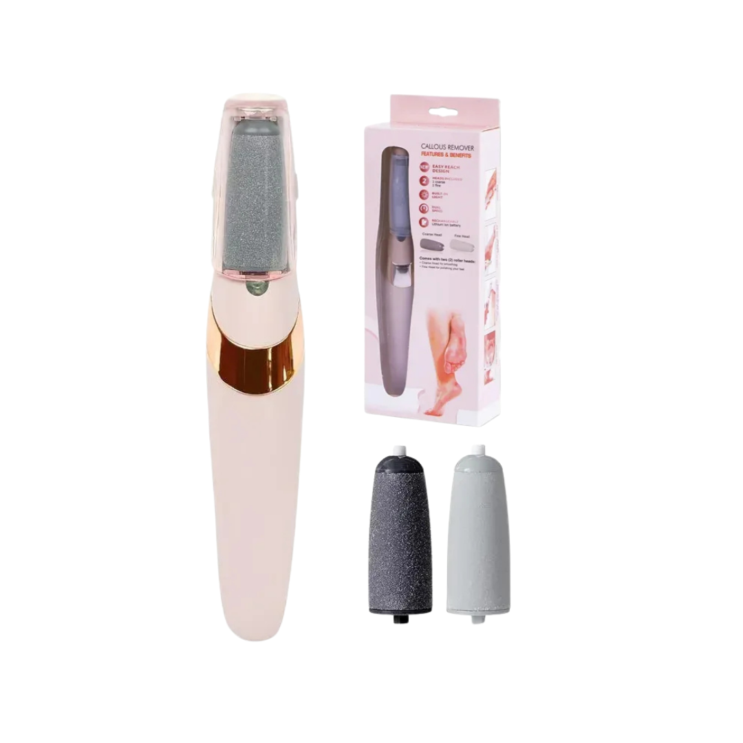 Electric callus remover device with roller head, two replacement rollers, and retail packaging box