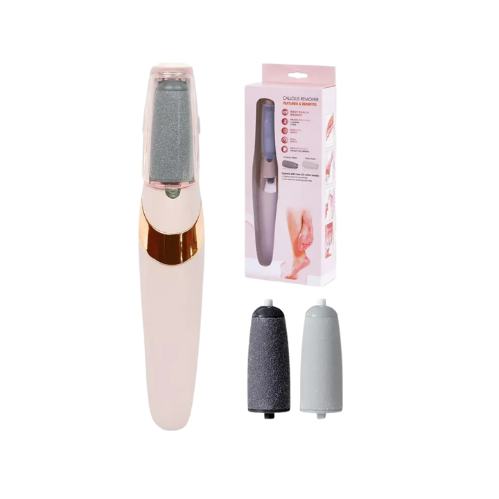 Electric callus remover device with roller head, two replacement rollers, and retail packaging box