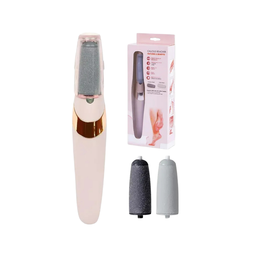 Electric callus remover device with roller head, two replacement rollers, and retail packaging box