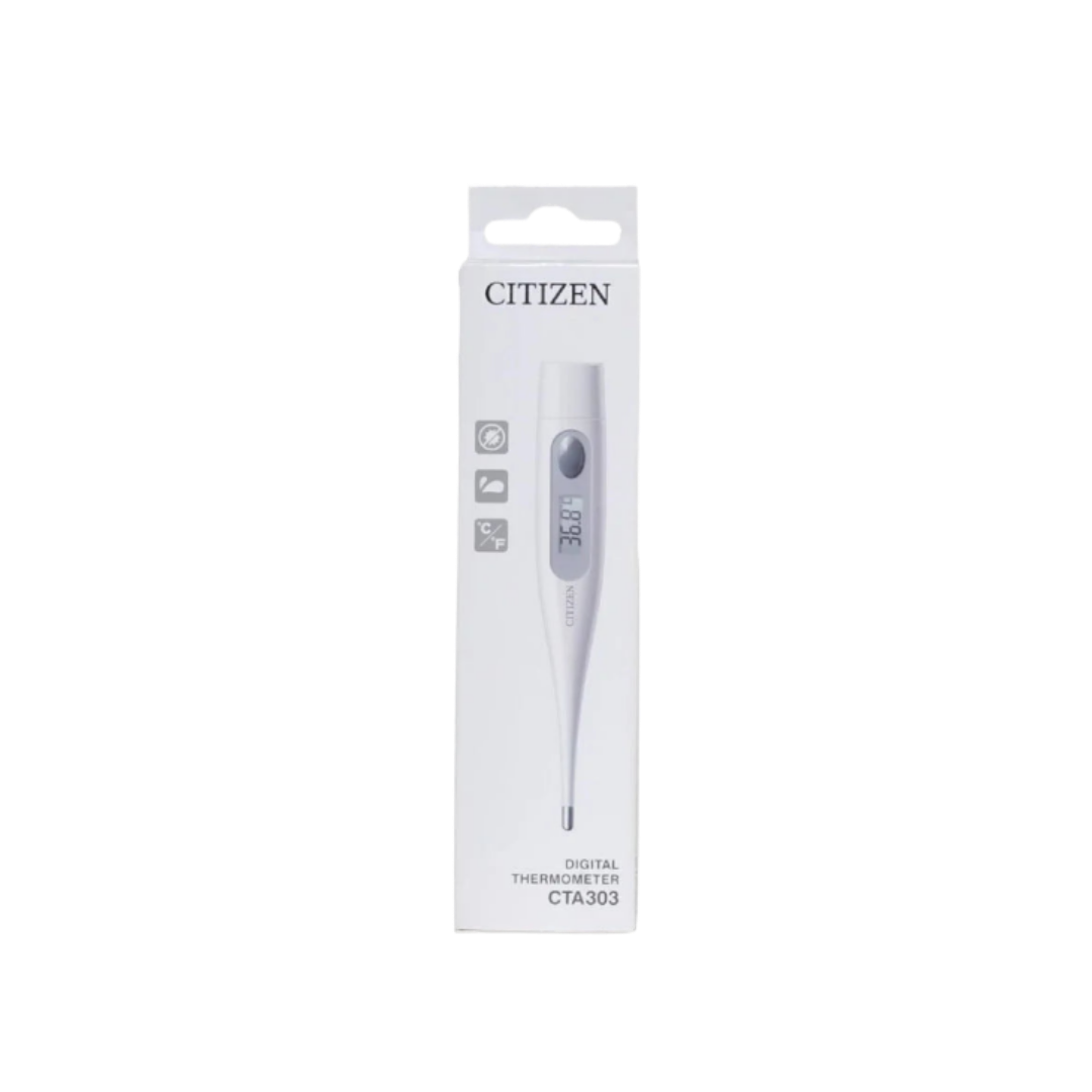 Citizen digital thermometer CTA303 box, white handheld device with LCD display, temperature measurement tool.