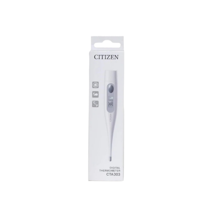 Citizen digital thermometer CTA303 box, white handheld device with LCD display, temperature measurement tool.