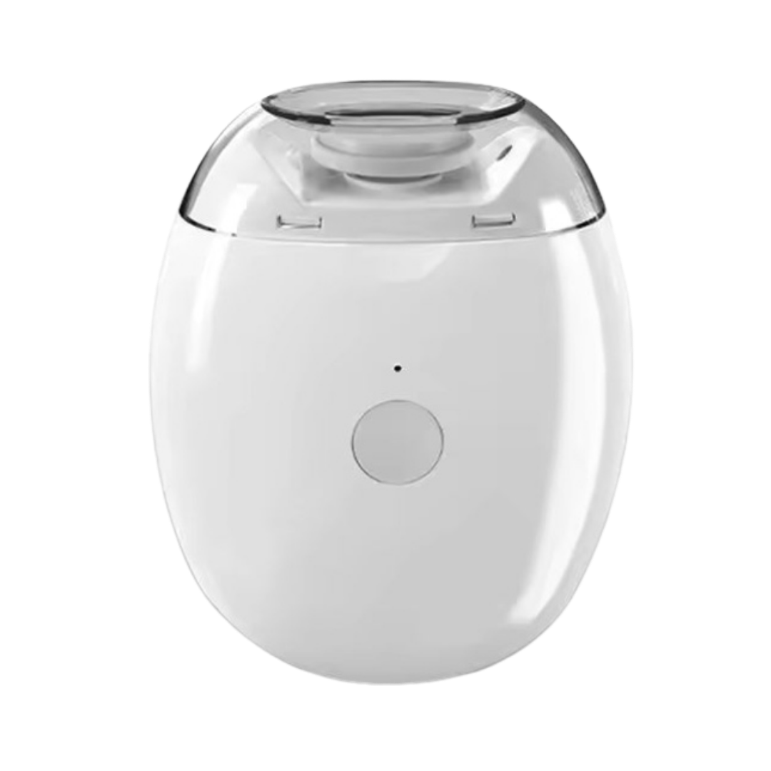 White electric nail polisher device with rounded body, single power button, indicator light, and transparent protective top attachment