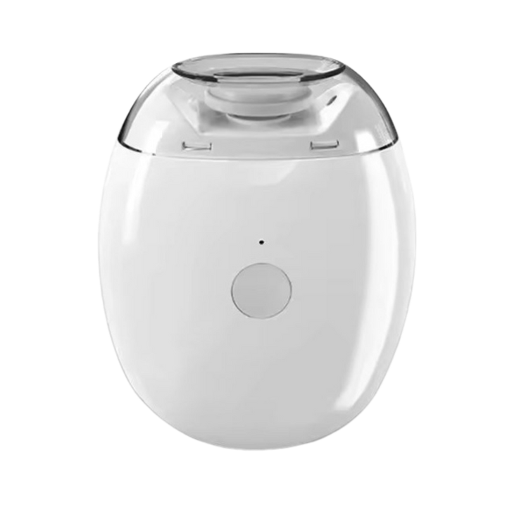 White electric nail polisher device with rounded body, single power button, indicator light, and transparent protective top attachment