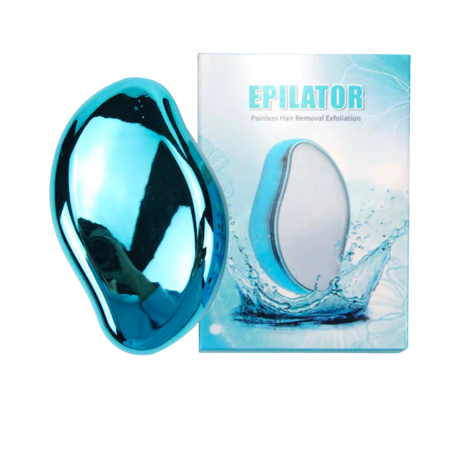 Tools & Cases crystal hair removal epilator, blue handheld exfoliating tool with reflective finish and matching box.