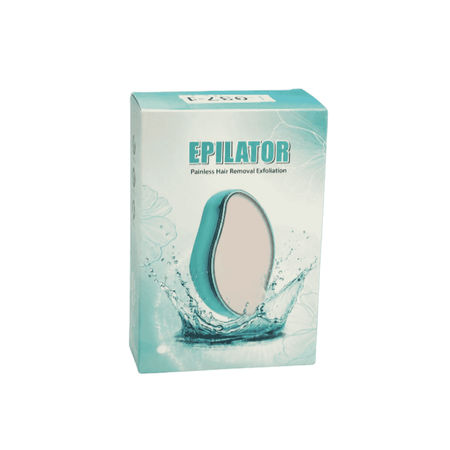 Epilator painless hair removal exfoliation box in turquoise packaging with oval product image and water splash