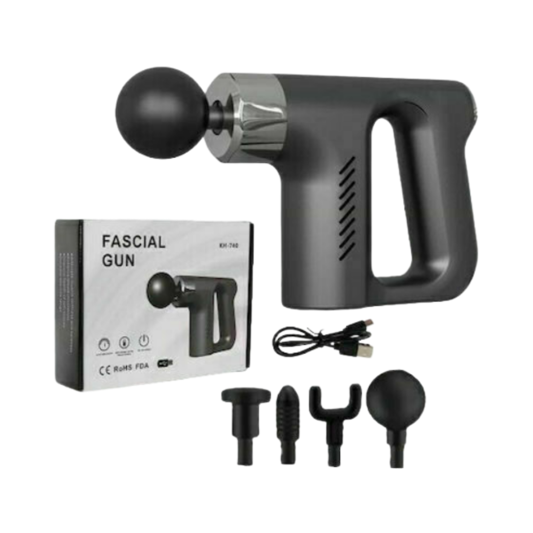 Fascial gun massage device with multiple attachments, handheld percussion massager, black unit with box and accessories.