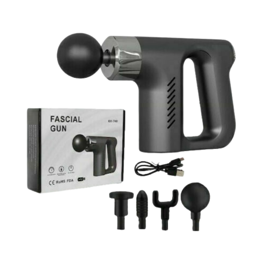 Fascial gun massage device with multiple attachments, handheld percussion massager, black unit with box and accessories.